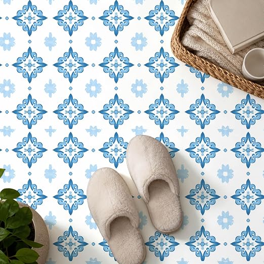 Blue White Floral Geometric Peel and Stick Floor Tiles 12x12 Inch 10PCS | Blue white floral geometric tile pattern vinyl floor stickers for kitchen bathroom entryway and indoor home decor