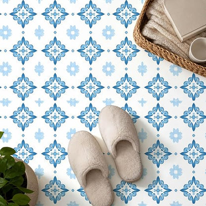 Blue White Floral Geometric Peel and Stick Floor Tiles 12x12 Inch 10PCS | Blue white floral geometric tile pattern vinyl floor stickers for kitchen bathroom entryway and indoor home decor