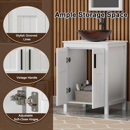 UEV White 24" Bathroom Vanity with Sink Combo,Modern Vanity with Vessel Sink,Stylish Bathroom Vanity Cabinet,Grooved Doors & Metal Handles,Modern Bronze Round Bowl Tempered Glass Vessel Sink(A09)