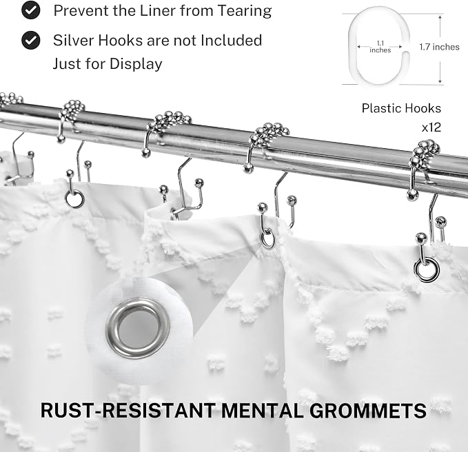 Extra Long White Textured Woven Fabric Boho Shower Curtain with Tassels 72 x 96 Modern Farmhouse Minimalist, Tufted Chevron Striped Shabby Chic, Water Resistant Cloth Curtain for Bathroom, Hotel Decor
