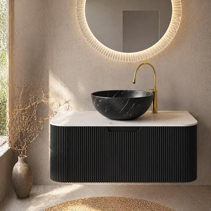 36 Inch Bathroom Vanity with Sink, Floating Wall Mounted Single Sink Vanity, Black Curved Fluted Front, Stone Top, Black Marble Vessel Basin, Pre-Assembled
