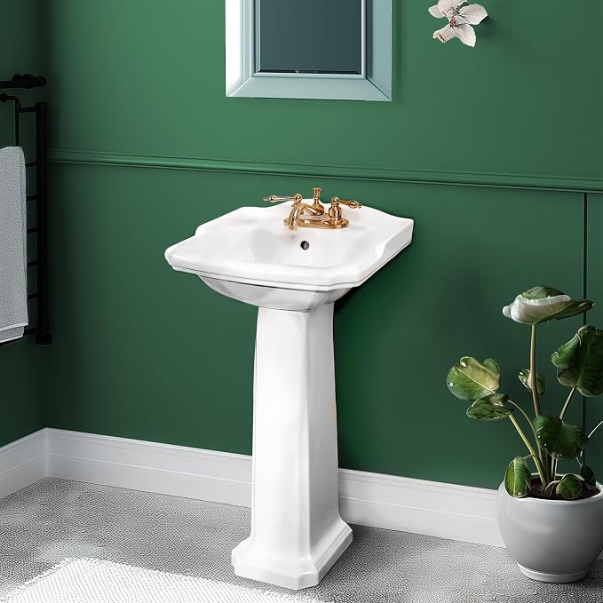 Renovators Supply Manufacturing Cloakroom Space Saving 19" W x 34" H x 15" Proj. Small Bathroom Pedestal Sink, Vitreous China, with Overflow, Compatible with 4 in. Centerset Faucets