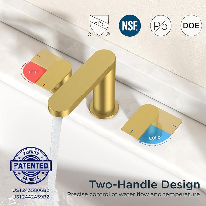 FORIOUS Bathroom Faucet 3 Hole 8 Inch Widespread for Vanity Brushed Gold | Two Handles Bathroom Sink Faucet with Pop-up Drain and cUPC Lines, Fits 6-12 Inch 3 Hole Install, for RV Laundry and Basin