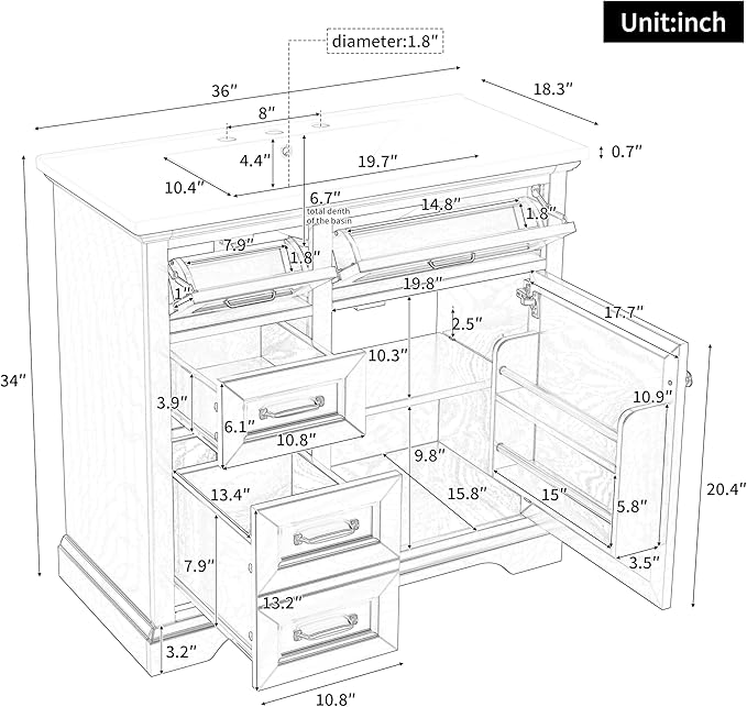 36" Bathroom Vanity with Ceramic Sink,Freestanding Storage Cabinet w/Soft-Close Door and 2 Tip-Out & 2 Drawers,Undermount Single Basin Bath Vanity Set w/Adjustable Shelf,White