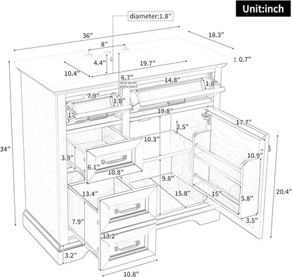36" Bathroom Vanity with Ceramic Sink,Freestanding Storage Cabinet w/Soft-Close Door and 2 Tip-Out & 2 Drawers,Undermount Single Basin Bath Vanity Set w/Adjustable Shelf,White
