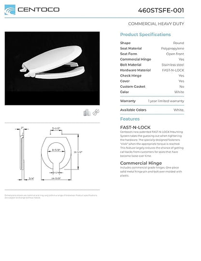 Centoco Toilet Seat Round, Lock In Place, Fast-N-Lock Mounting, Open Front With Cover, Commercial, Plastic, Made in the USA, 460STSFE-001, White