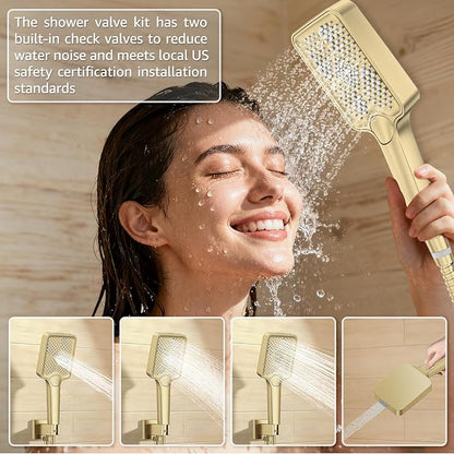 Shower System Modern Rain 8 inches Brass Faucet Set With Valve and Diverter Shower Mixer With Handheld High Pressure Square Rainfall Shower Valve (8'' Wall Mount, Brushed Gold)