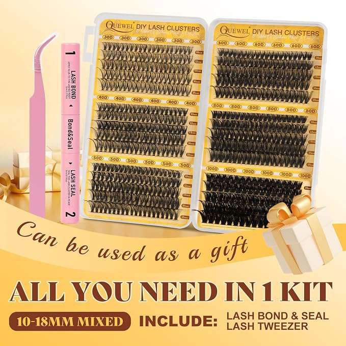QUEWEL 580PCS Lash Clusters Kit 30D+40D+50D+60D+80D+100D Lash Clusters Kit | 10-18mm Cluster Lashes Individual Eyelash Clusters Reusable for Natural DIY Cluster Eyelash Extensions for Beginners