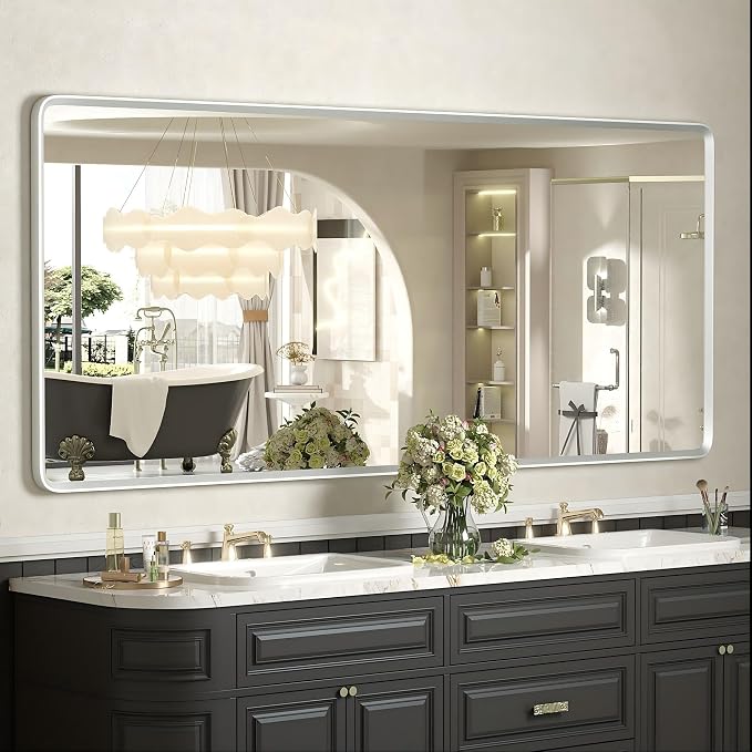 60x28 Silver Framed Bathroom Mirror | Large Silver Vanity Mirror, Rounded Rectangle Mirror, Beveled Border, Anti-Rust, Shatterproof (Horizontal/Vertical)