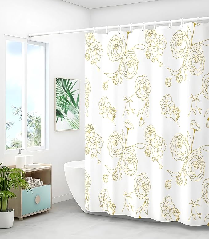 Shower Curtain for Bathroom Stall Boho Modern Cute Aesthetic Decorative Girly Waterproof Unique White and Gold Rose Girls Flower Design Teen Pretty Women Cortinas de Baño Bathtub 72 x72 Inch