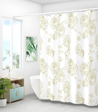 Shower Curtain for Bathroom Stall Boho Modern Cute Aesthetic Decorative Girly Waterproof Unique White and Gold Rose Girls Flower Design Teen Pretty Women Cortinas de Baño Bathtub 72 x72 Inch