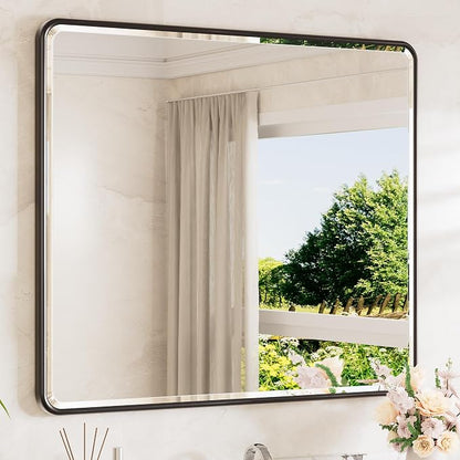 Black Mirrors for Over Sink 42 x 36 Beveled Edge Tempered Glass, Rounded Corner Rectangle Framed Mirror for Modern Bathroom, Living Room, Bedroom, Entryway