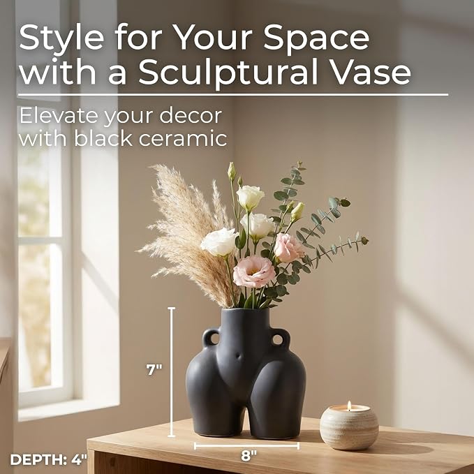 Decorative Half Body Ceramic Vase for Living Room Decor and Home Accents - Perfect for House and Table Decor Displays - Modern Flower Vase for Room, Bedroom, or Office Decor - 8", Black