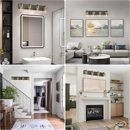 Bathroom Lighting Fixtures, 4-Light Bathroom Vanity Lights Over Mirror, Black and Gold Vanity Light with Glass Shade, Modern Vanity Lighting Fixtures for Bathroom, Bedroom, Hallway