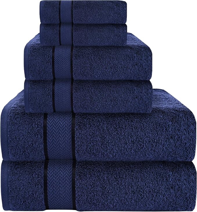6 Piece 100% Cotton Bath Towel Set - 2 Bath - 2 Hand - 2 Face, Navy Blue | 100% Cotton • Thick & Plush • Hotel Quality • Ultra Soft • Highly Absorbent • Quick Dry • Low Lint • Machine Washable