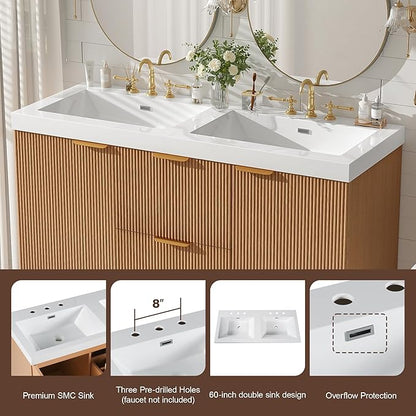 Merax 48" Bathroom Vanities Cabinet with Double Sinks Combo, Modern Floating Bathroom Vanity with Resin Countertop, Soft-Close System and Divided Drawers, Nature Wood