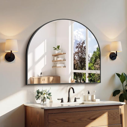 COFENY Arched Mirror, 36’’x30’’ Black Arch Mirrors for Bathroom Sink, Wide Bathroom Vanity Mirror with Metal Frame, Modern Wall Mounted Mirror for Bedroom Living Room Mantle Entryway