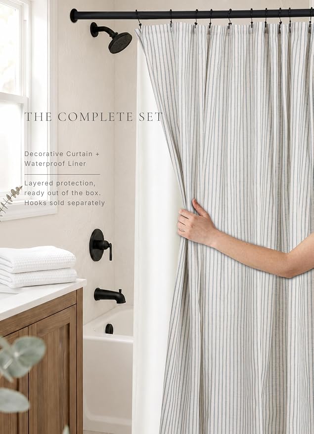 Farmhouse Striped Shower Curtain - 72x72 Inches, Linen Blend Fabric, Breathable & Machine Washable, Rustic Heirloom Blue for Bathroom Decor (Hooks/Liner Not Included)