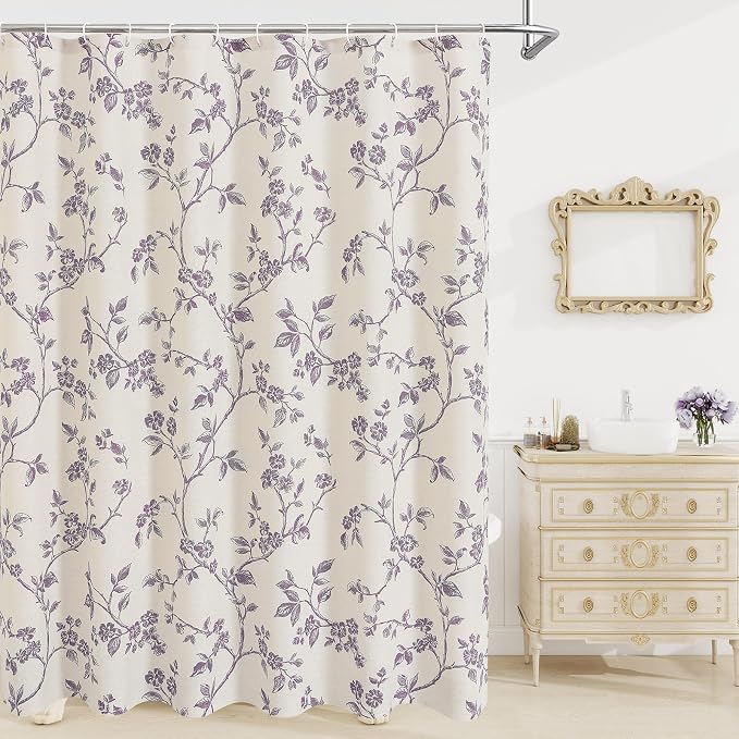 MitoVilla Lavender Purple Boho Shower Curtain Set, Cotton Floral Cottagecore Spring Shower Curtains for Bathroom, Modern Farmhouse Country Plant Leaves Bathroom Décor, 72" W x 72" L
