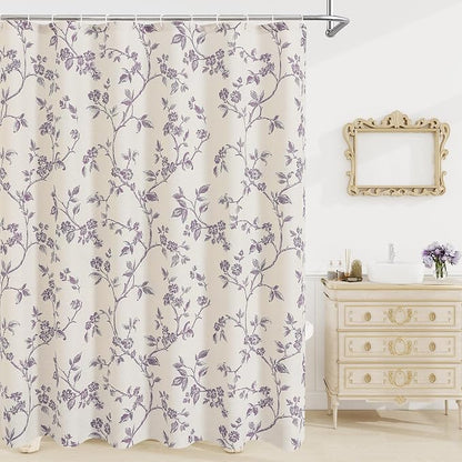 MitoVilla Lavender Purple Boho Shower Curtain Set, Cotton Floral Cottagecore Spring Shower Curtains for Bathroom, Modern Farmhouse Country Plant Leaves Bathroom Décor, 72" W x 72" L