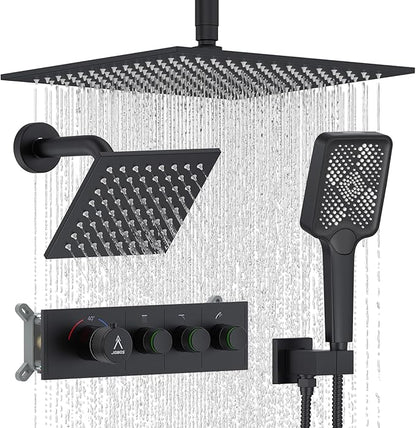Shower System Brass Thermostatic Shower Faucet Set With Valve and Diverter Shower Mixer With Rain Head and Handheld High Pressure Square Rainfall
