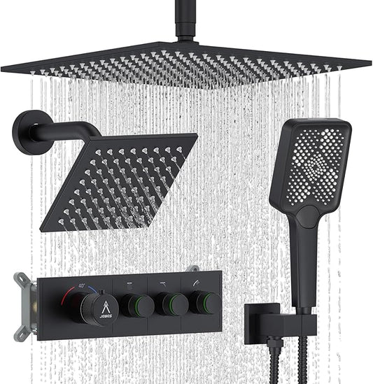Shower System Brass Thermostatic Shower Faucet Set With Valve and Diverter Shower Mixer With Rain Head and Handheld High Pressure Square Rainfall