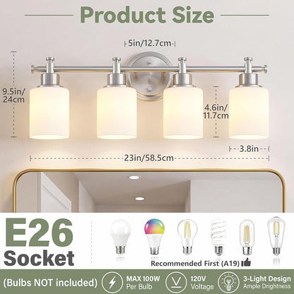 4 Light Bathroom Vanity Light Fixture Over Mirror, Brushed Nickel, 23'' | Vanity Lights for Bathroom, Bedroom, Living Room, White Frosted Glass Shades, Modern, E26(Bulbs Not Included)