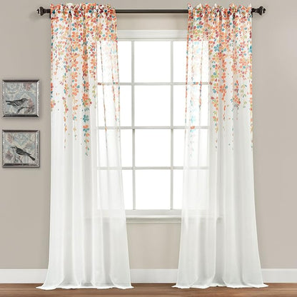 Lush Decor Weeping Flower Sheer Window Curtain Panels, Pair, 38" W x 84" L + 2" Header, Turquoise & Tangerine - Farmhouse Sheer Curtains - Floral Curtains for Living Room, Bedroom & Dining Room