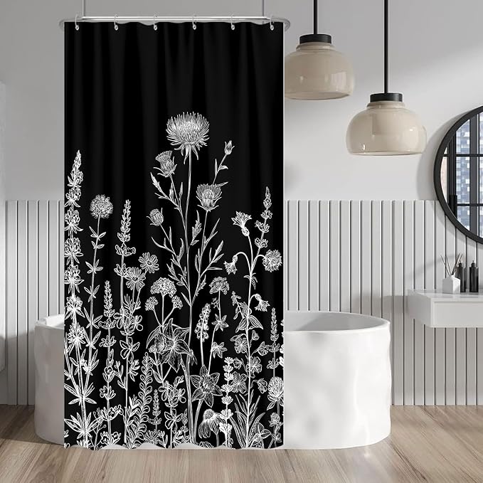 Vintage Black and White Boho Shower Curtain, Black and White Dark Floral Aesthetic Dark Wildflower Botanical Flowers Shower Curtain for Bathroom with Hook,Farmhouse Plant Art Chic Shower Curtain 36X72