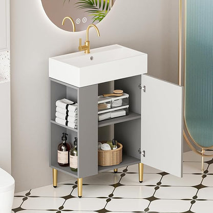 22" Small Bathroom Vanity with Sink, Morden Bathroom Vanities with Soft-Close Door and Open Shelf, Freestanding Narrow Vanity for Compact Space-Saving Bathrooms (Gray,22" Freestanding Left Shelf)