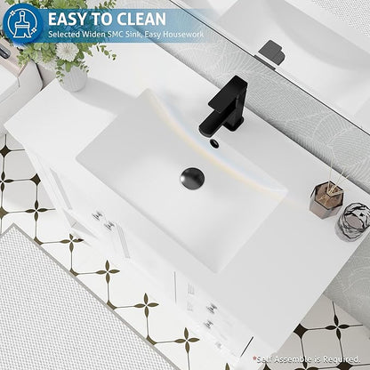 eclife 36" Bathroom Vanity with Sink Combo, Modern Painted Vanities Cabinet w/Wide Opening Storage Shelf, 2 Drawers, Soft Closing Doors and Undermount White Sink Faucet Drain, White