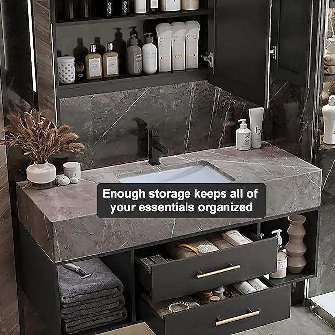 KunMai 35.4" Black Floating Bathroom Vanity with Sink – Modern Wall Mounted Bathroom Cabinet with Sintered Stone Countertop, Soft-Close Drawers, Space-Saving Vanity for Small Bathrooms