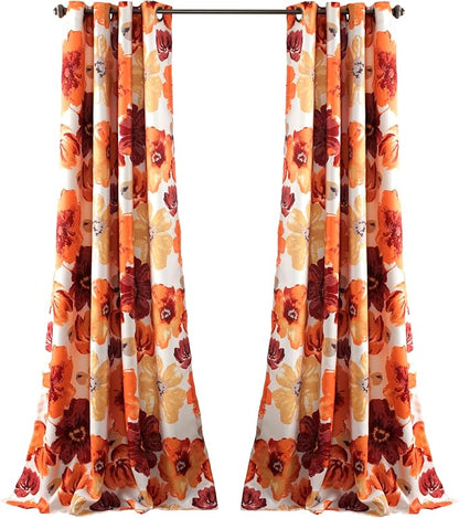 Lush Decor Leah Light Filtering Window Curtain Panels, Pair, 52" W x 95" L, Red & Orange - Floral Drapes for Bedroom - Orange Curtains - Farmhouse Decor