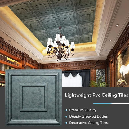 STICKGOO Glue-Up Ceiling Tiles, Antique Green Bronze, 24 x 24 in, 12 Pack | 2 x 2ft Drop ceiling panels, PVC decorative ceiling tiles, covers 48 sq ft, waterproof, lightweight