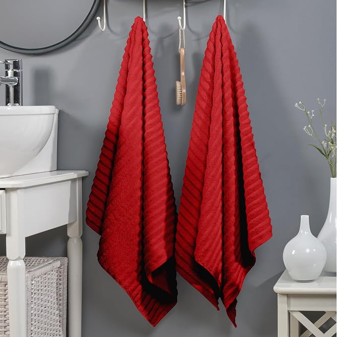 Elegant Comfort 100% Turkish Cotton Corduroy Ribbed Luxury Soft 2 Pack Bath Towels 27 x 54 Inch - Ultra Plush, Absorbent, Quick Dry, Hotel Spa Quality Towels for Bathroom Essentials, Red