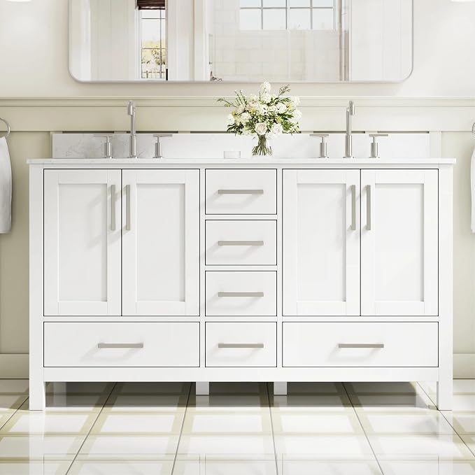 60-Inch Bathroom Vanity with Sink, 4 Soft-Close Doors and 6 Soft-Close Drawers, Bathroom Freestanding Vanity with Cultured Marble Countertop, White Vanity with Brushed Nickel Handles