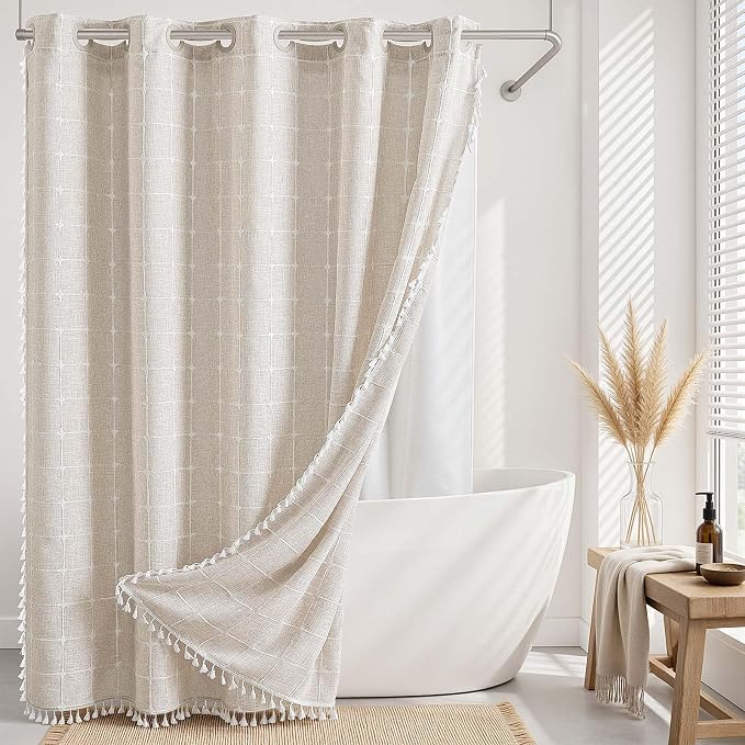 RiverDream Farmhouse No Hooks Shower Curtain with Snap-in Liner,Linen,71x74 | Snap on Fabric Liner,Heavy Duty,Quick Dry,With Bottom Magnets,Washable,with Tassels, Rustic Boho Farmhouse,Standard Size