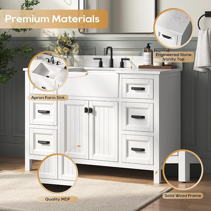 48 Inch White Bathroom Vanity with Sink, Farmhouse Bathroom Sink Cabinet with Soft Closing Doors & Dovetail Drawers, Single Apron Farm Sink, No Assembly Required