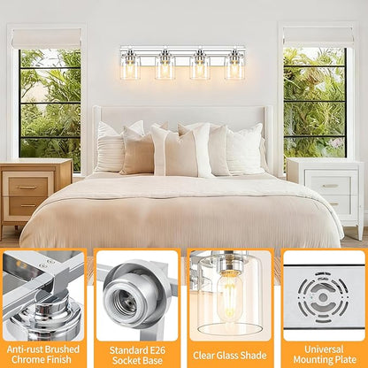 4 Light Modern Bathroom Light Fixtures Over Mirror, Chrome Vanity Lights for Bathroom Wall Sconces with Clear Glass Shades, E26 Socket (Bulbs Not Included)