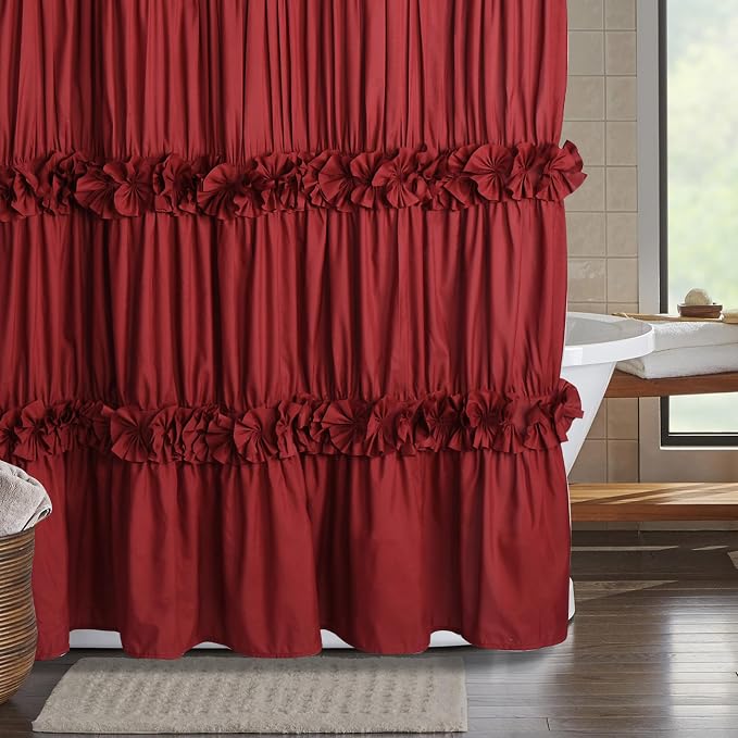Homechoice Decor Burgundy Ruffle Shower Curtain, Vintage Handcrafted Bow Tie Bath Curtain for Master Bathroom, Ruched Microfiber Bathroom Curtain with 12 Buttonholes, 72" W x 72" H (LQ-10)