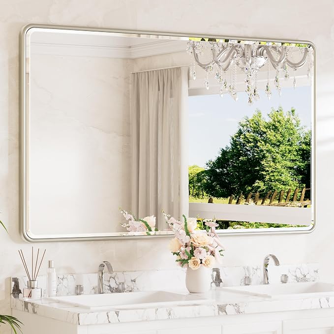 Brushed Nickel Framed Bathroom Mirror 60 x 36 Large Beveled Edge Tempered Glass, Rounded Corner Rectangle Bathroom Mirror for Modern Bathroom, Living Room, Bedroom, Entryway