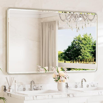Brushed Nickel Framed Bathroom Mirror 60 x 36 Large Beveled Edge Tempered Glass, Rounded Corner Rectangle Bathroom Mirror for Modern Bathroom, Living Room, Bedroom, Entryway
