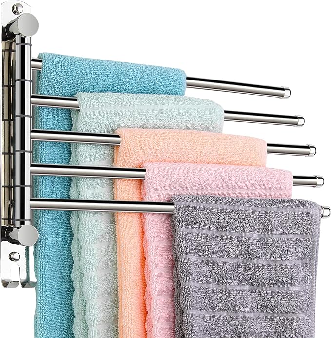 5 Arm Swivel Towel Bar - Heavy Duty SUS304 Stainless Steel Swing Towel Rack for Bathroom, 180° Rotation Wall Mount Towel Holder with Hook, Space-Saving Organizer for Kitchen, Laundry Room