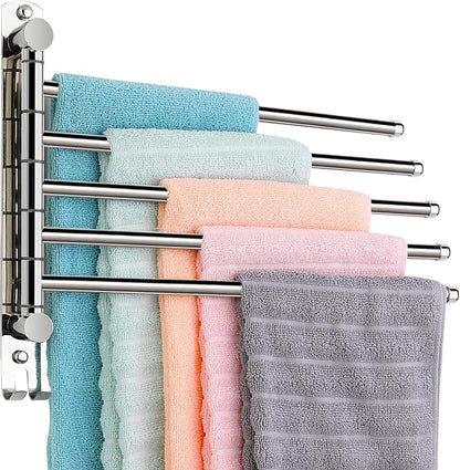 5 Arm Swivel Towel Bar - Heavy Duty SUS304 Stainless Steel Swing Towel Rack for Bathroom, 180° Rotation Wall Mount Towel Holder with Hook, Space-Saving Organizer for Kitchen, Laundry Room