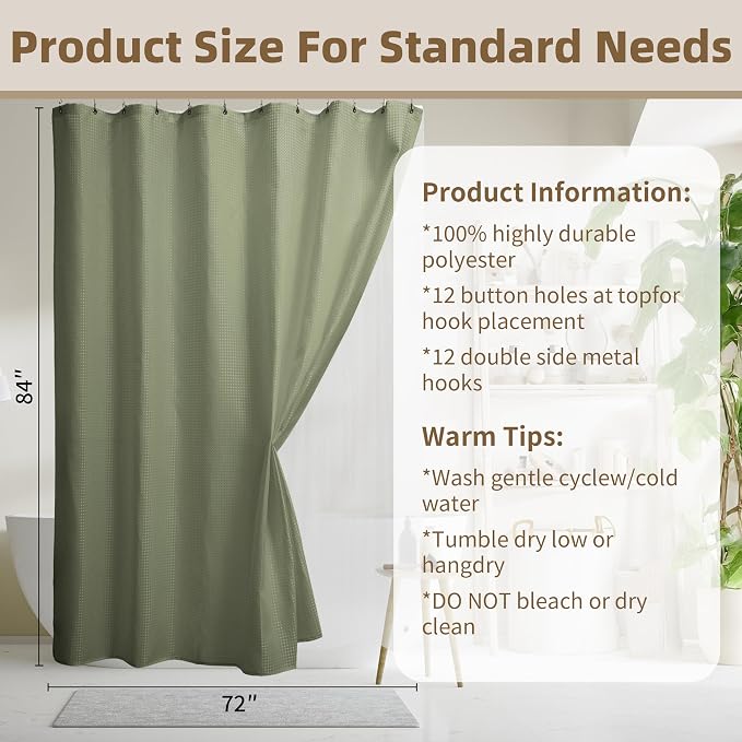 Siiluminisoy Shower Curtain and Liner Set, Waffle Shower Curtain Set with 12 Stainless Steel Hooks, Waterproof Luxury Fabric Shower Curtains for Bathroom and Hotel, Sage Green, 72" W x 84" H