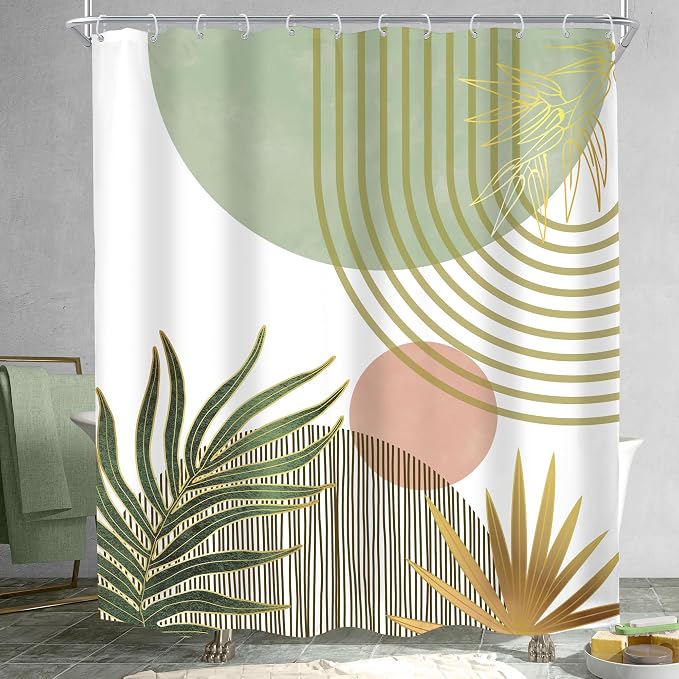 Mid Century Boho Abstract Green Modern Red Bathroom Shower Curtain Set | 60Wx72H Sun Arch design, waterproof HD print with fast-drying fabric and 12 hooks.