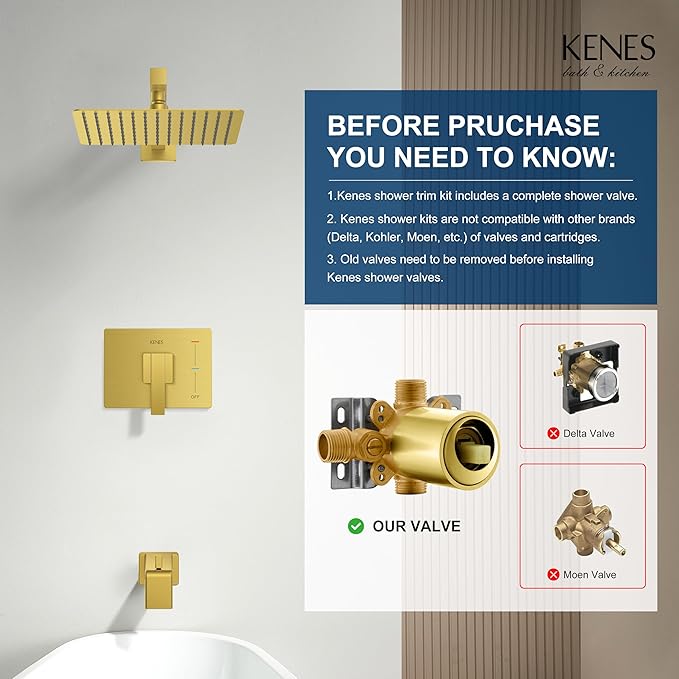 KENES Brushed Gold Shower Set with Tub Faucet, Square Tub Shower Faucet Set | Shower Faucet with 10-Inch Rain Shower Head, Square Shower System, Valve Included, Lead-Free cUPC & NSF Certified, Stainless