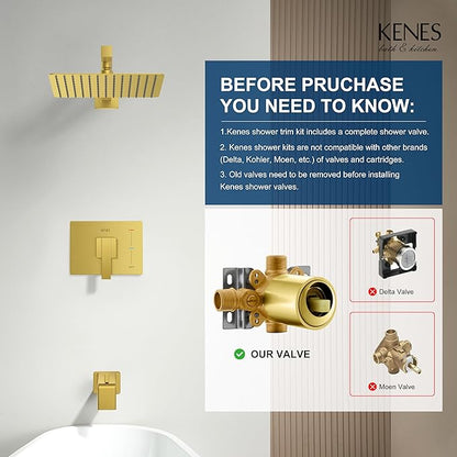 KENES Brushed Gold Shower Set with Tub Faucet, Square Tub Shower Faucet Set | Shower Faucet with 10-Inch Rain Shower Head, Square Shower System, Valve Included, Lead-Free cUPC & NSF Certified, Stainless