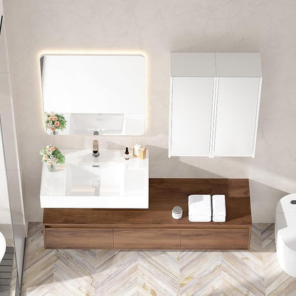 60 Inch Floating Bathroom Vanity with Single Sink, Modern Wall-Mounted Bathroom Cabinet with Resin Sink & Soft Close Drawers & Side Cabinets, Split-Level Layout (Walnut, 60"+2 Side cabinets)