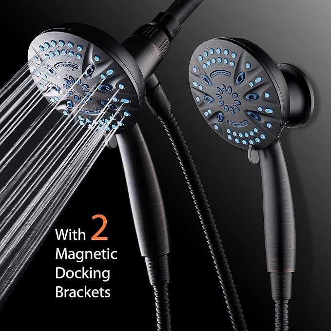 AquaCare Magneton 8-Mode High Pressure Handheld Shower Head with 2 Brackets | Space-age Magnetic Guidance Docking, Giant 5-inch Face with Hygienic Jets, Extra-long 6 ft. Stainless Steel Hose / Bronze